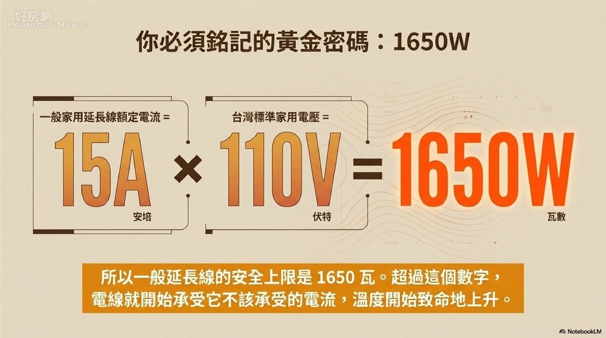 一般延長線的安全上限是1650瓦,如果有發燙代表電線開始承受不該承受的電流。圖/消防神主牌。