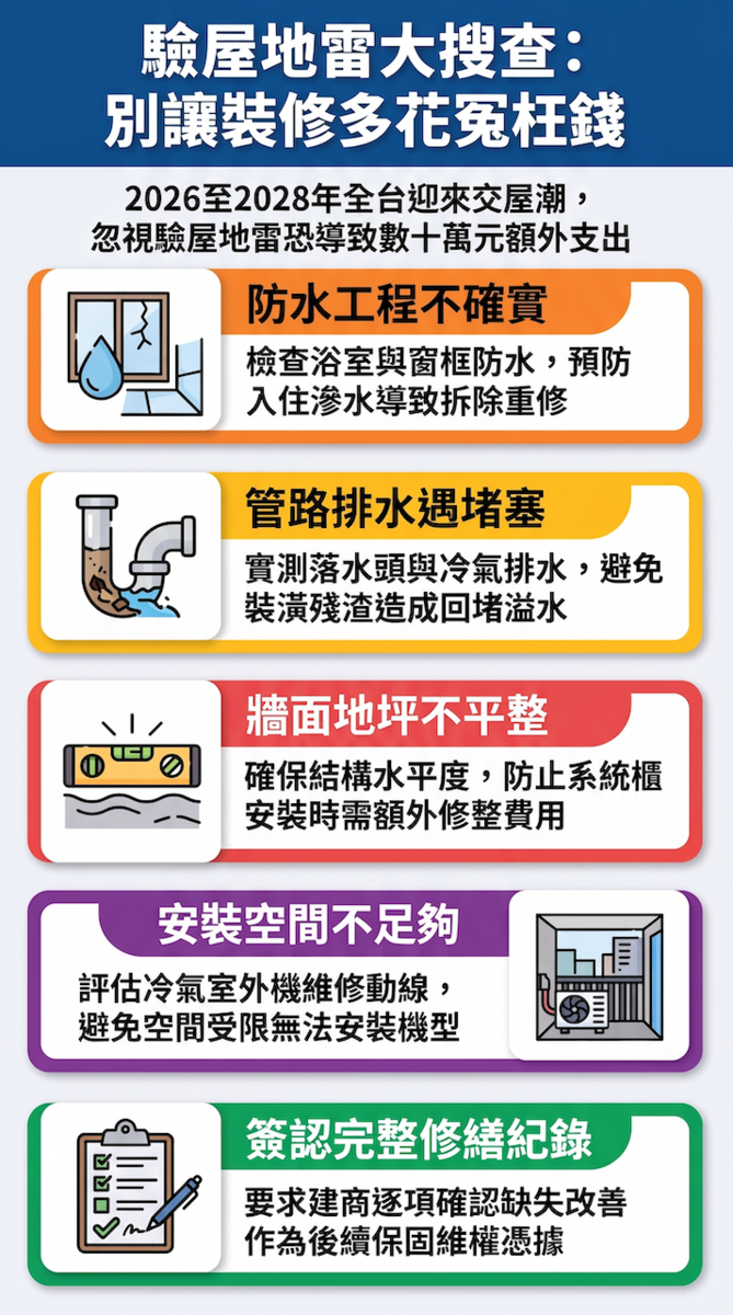 驗屋容易出現的缺失一覽。圖/AI協作