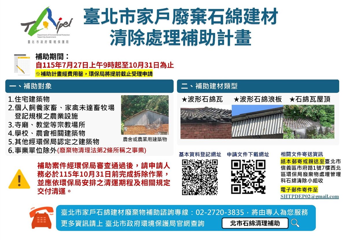 北市環保局推石綿清除補助。圖/台北市環保局提供