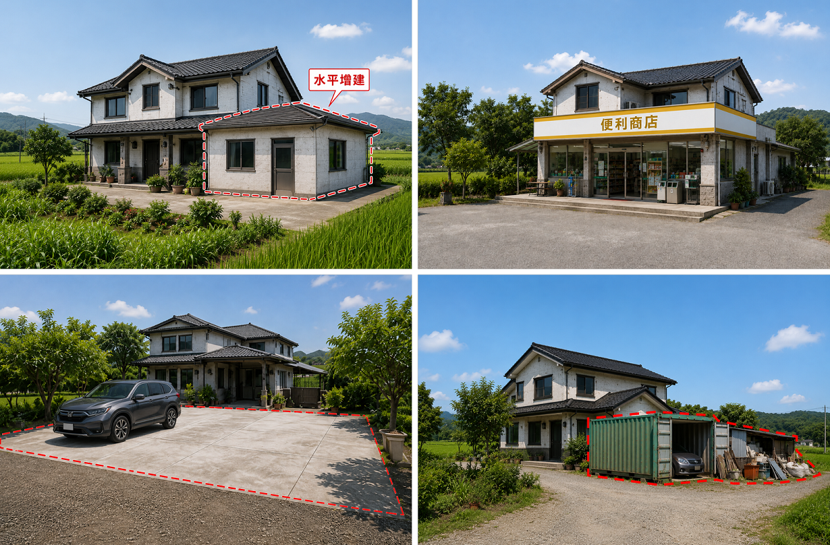 農地違規使用常見增建、改為商店、鋪設水泥、放置貨櫃屋等四種樣態。示意圖/新北市政府地政局提供(AI生成)