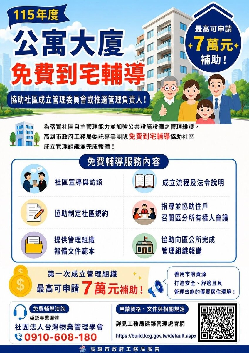 高雄補助老舊社區!這期間「完成管委會報備」最高可申請7萬元。圖/高雄市政府工務局提供