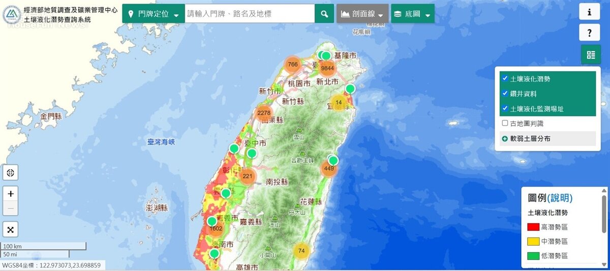 土壤液化潛勢圖資。圖/土壤液化潛勢查詢系統網頁liquefaction.gsmma.gov.tw