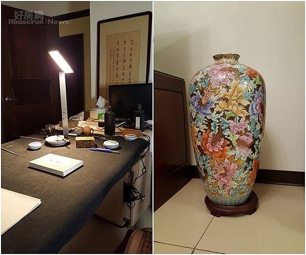 4.	張尚為的書法桌，端凝之氣如其人。
5.	角落放著清彩瓷花瓶。
