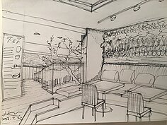 透過手繪草稿可以預見未來玄關與內部座位區之一的樣子。