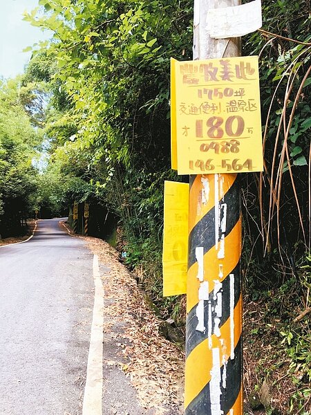 沿路短短幾公尺，可見電線桿上掛滿土地買賣看板。 記者葉建宏／攝影