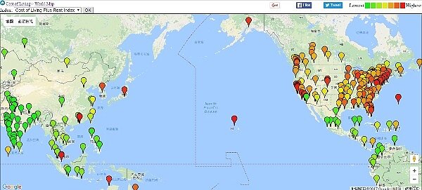 根據海外移民網站Movehub統計世界各國平均物價，台灣物價指標亮中低水準的黃綠燈（圖／翻攝自Movehub）