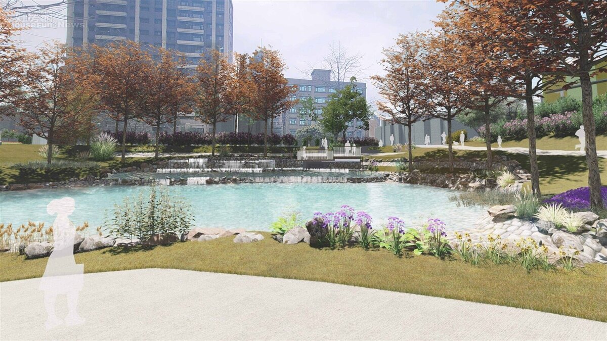 林口運動園區滯洪公園,預計移植既有落羽松結合溪流、層瀑豐富公園整體水域景觀願景圖。圖/新北市水利局