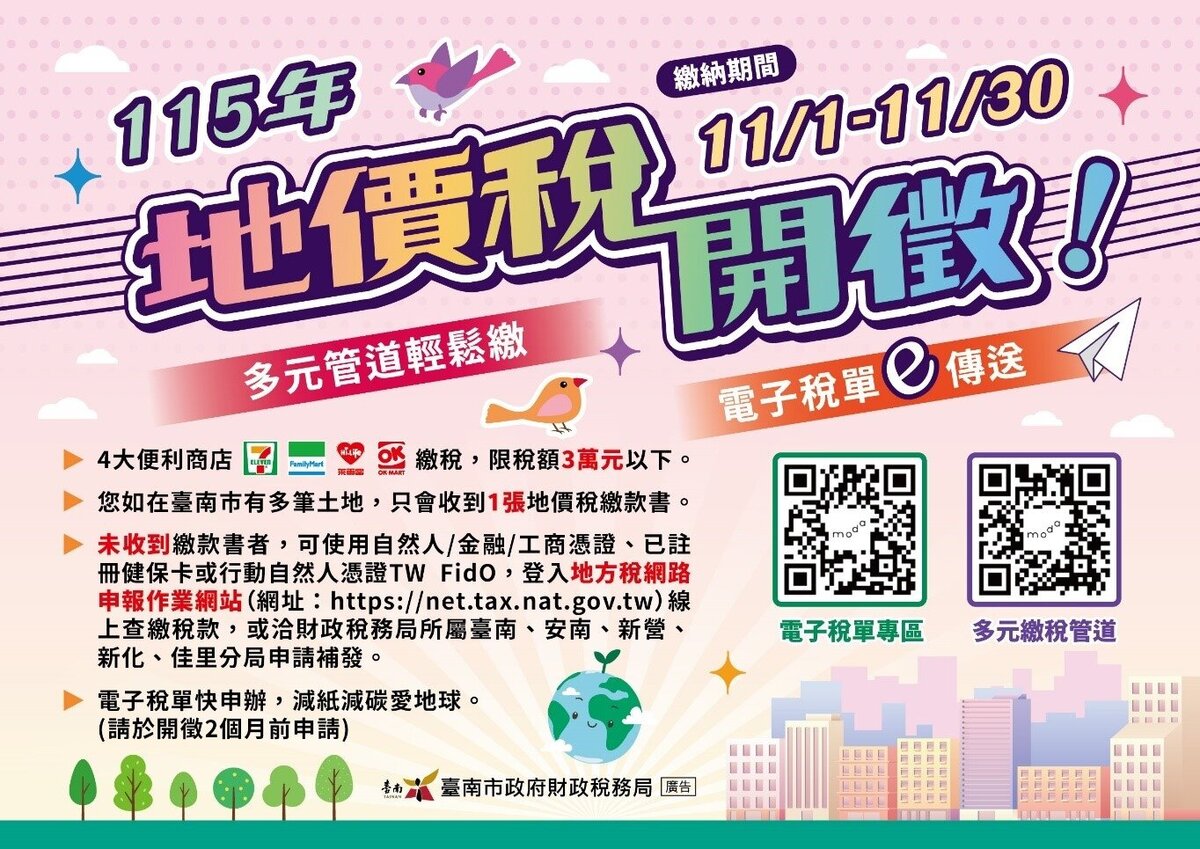 地價稅於每年11月開徵。圖/台南市財稅局提供