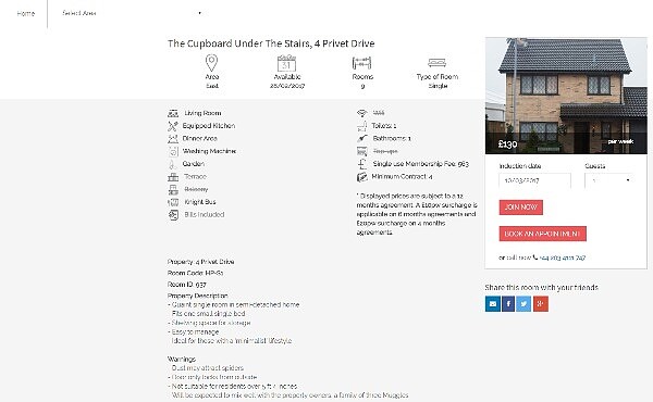 電影《哈利波特》中,主角哈利居住的「水蠟樹街4號」儲藏室要出租了(圖/翻攝自Londonfox)
