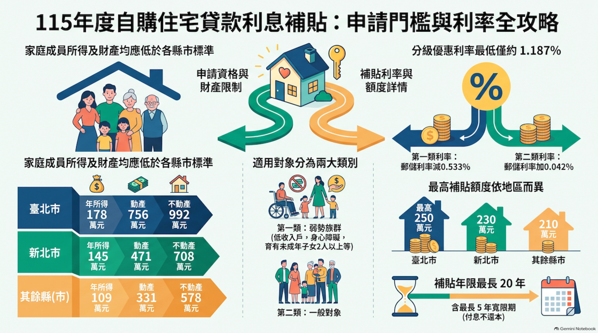自購住宅利息補貼9月開放申請,弱勢族群優惠利率最低1.187%,一般民眾適用利率1.762%,台北市最高可貸250萬元。圖/資料來源:國土署;AI協作