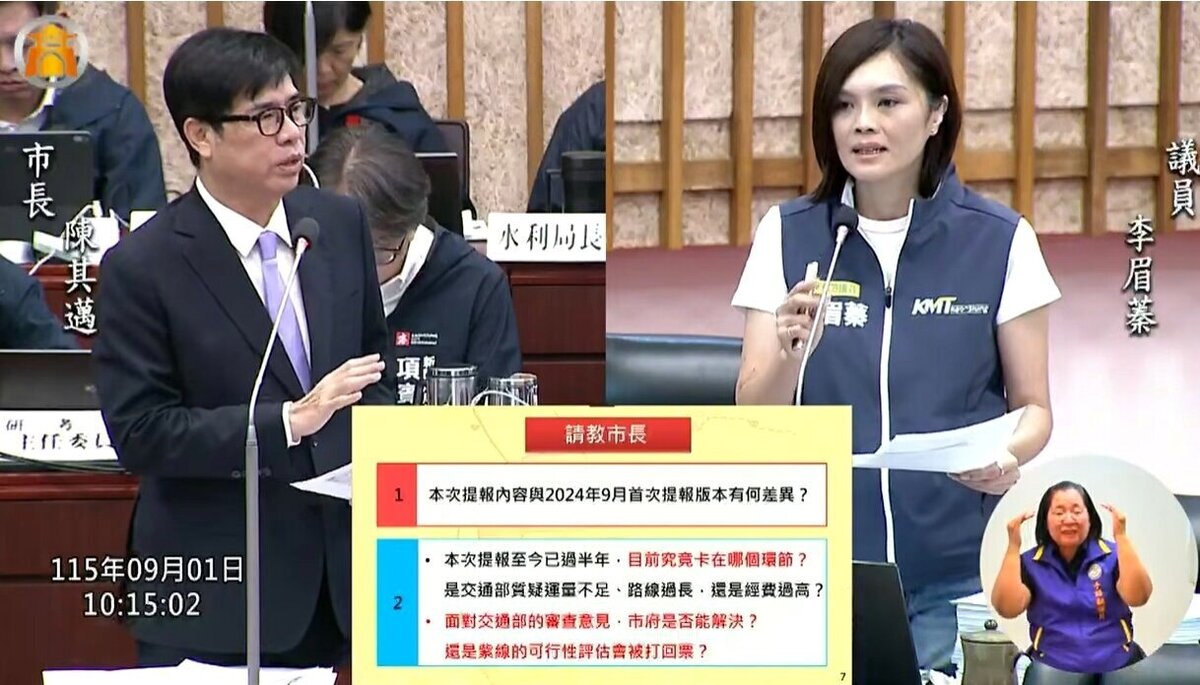 高雄捷運紫線規畫案攸關北高雄80萬市民生活,議員李眉蓁希望至少在市長卸任前可通過可行性研究。圖/取自高雄市議會官網