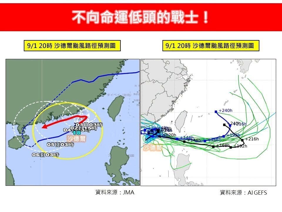 沙德爾颱風後續的運動路徑相當複雜，且各家模式看法分歧。圖／取自「林老師氣象站」臉書粉專
