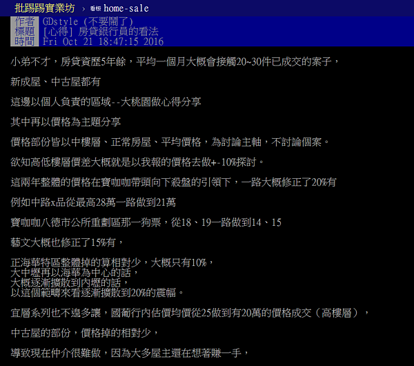 桃園地區房貸專員透露,房價修正幅度約20%。(翻攝自PTT)