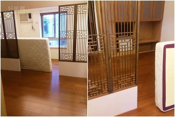 5.	木頭地板和鏤空門片，簡單自成風格。
6.	地板和層架構成的空間，使蕭逸玫感到獨特。
