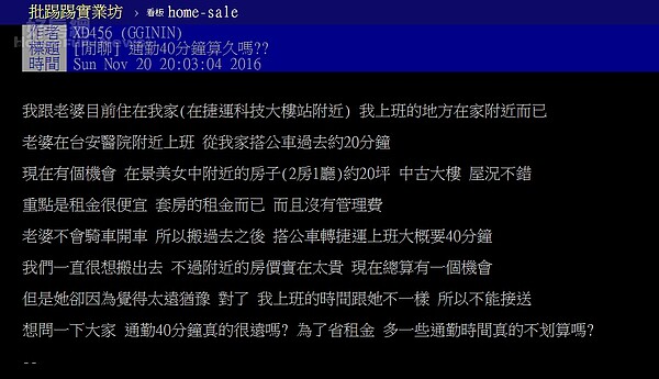 網友提問「花40分鐘通勤算很久嗎？」（翻攝自PTT）