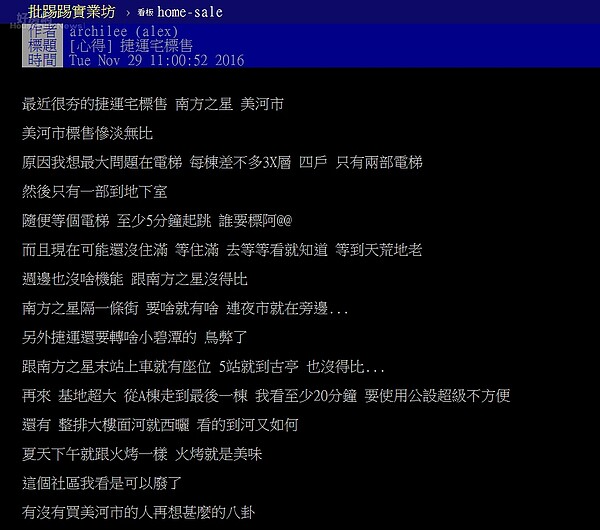 網友發文列舉美河市3大缺點。(翻攝自PTT)