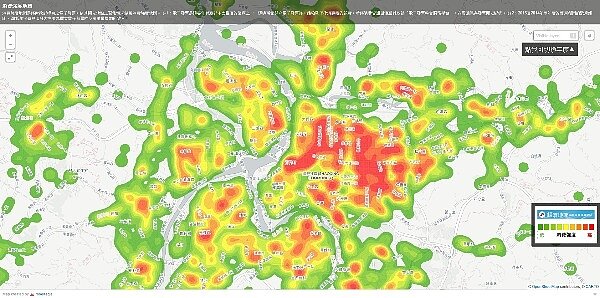經濟部資訊中心根據2014、2015年開立的電子發票，製作消費強度地圖，以顏色深淺區分消費能力強弱（圖／截取自經濟部資訊中心）