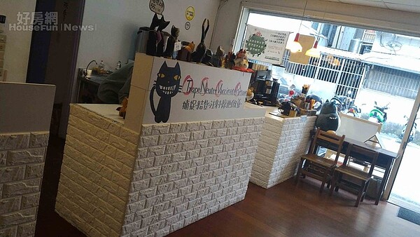 4 點餐區的櫃檯用白色文化石搭建,櫃檯上方擺放多隻不同樣式貓咪木雕。