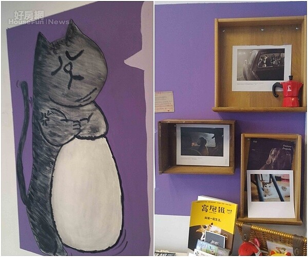 6一進門左側掛著江明娟親手彩繪的肥嘟嘟貓咪畫作。
7經由江明娟巧思,把書桌的抽屜廢物利用當成相框。