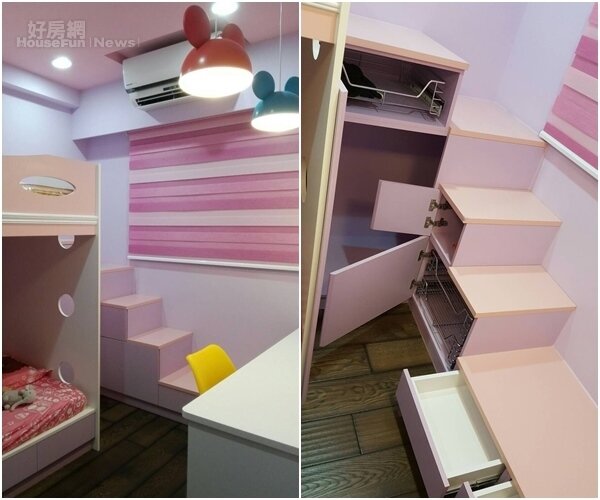 4.女兒們房間走粉色系，上下雙層的床旁邊樓梯同時也是收納櫃！
