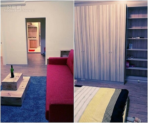 4.客廳長桌也是用葡萄酒木箱拼貼而成。
5. 臥房床包選擇單一色系。