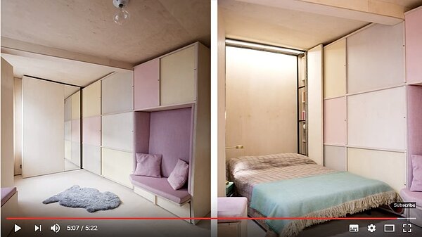 用隱藏式收納空間，4坪小的房子也能一應具全。（翻攝自youtube）