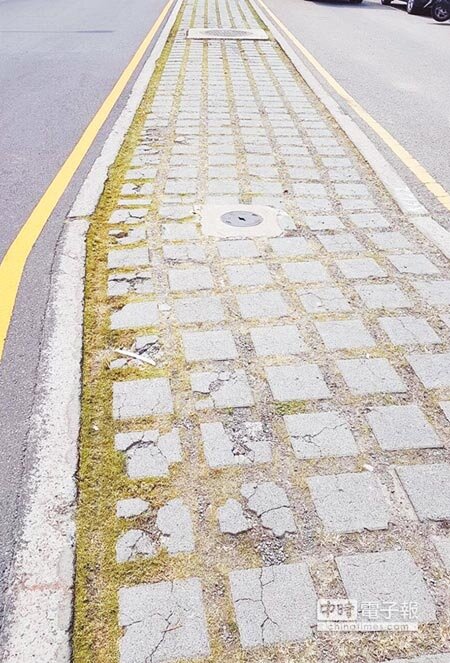 烏日高鐵特定區三榮路道路中央分隔綠帶卻畫為公園用地，舖設綠地植草磚，磚面被車輛輾壓導致破裂，常釀交通事故（見圖，盧金足攝）。