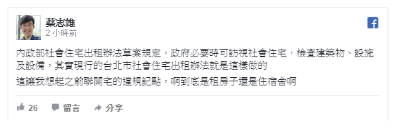 包租公律師蔡志雄在臉書表示，聯開宅的違規記點，讓人不知是租屋還是住宿舍（圖／翻攝自臉書蔡志雄）