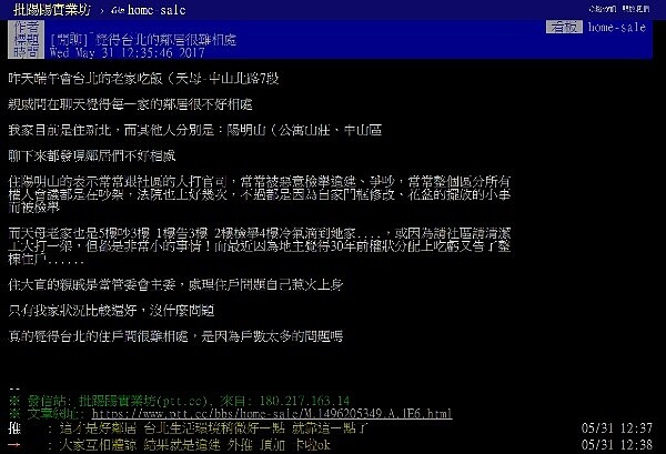 有網友認為,台北的鄰居間比較難相處(圖/翻攝自PTT)