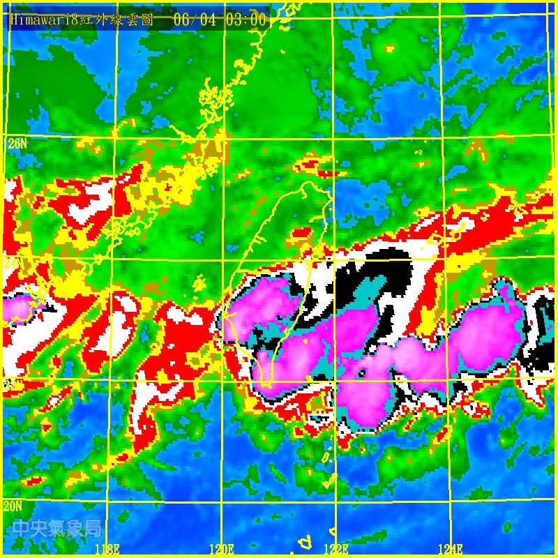 4日凌晨3時，台灣上空紅外線衛星雲圖。 圖／中央氣象局