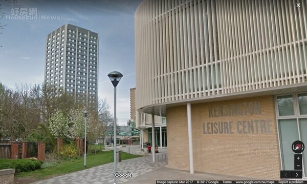 倫敦火災／左側大樓為失火的Grenfell Tower。（截自GoogleMap）