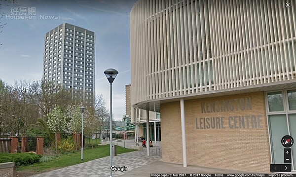 倫敦火災/左側大樓為失火的Grenfell Tower。(截自GoogleMap)