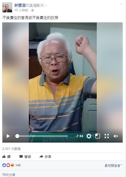 民進黨前立委林豐喜不滿一例一休,臉書直播轟「官員在呷屎」(圖/翻攝自臉書林豐喜)