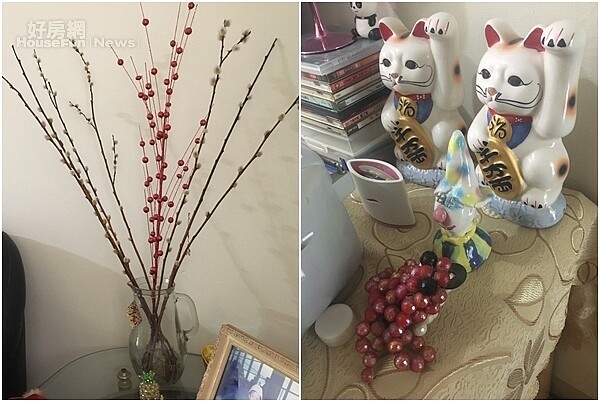 4.客廳沙發旁以乾燥花簡單布置。
7.造型可愛的招財貓,既可招財也是很好的裝飾。