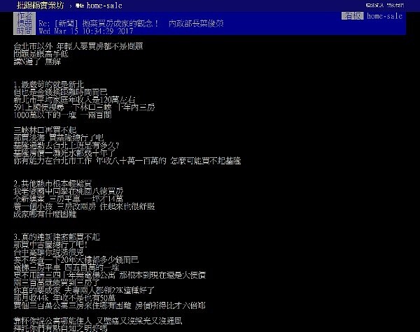 PTT網友認為,年輕人最大問題不是買不起房,是沒有自知之明,低薪還又想住蛋黃區(圖/翻攝自PTT)