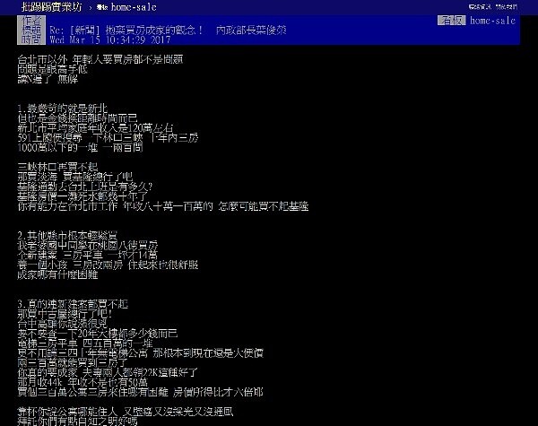 PTT網友認為，年輕人最大問題不是買不起房，是沒有自知之明，低薪還又想住蛋黃區（圖／翻攝自PTT）