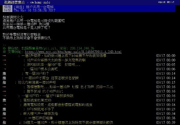 多數網友認為，一層3~4戶共用一部電梯最剛好（圖／翻攝自PTT）