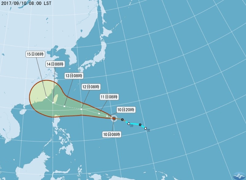 泰利颱風可能直撲台灣東南部而來。（圖／翻攝自中央氣象局）