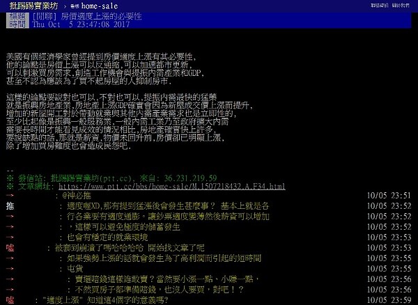 有網友以經濟學家的理論角度,認為房價有適度上漲的必要性(圖/翻攝自PTT)