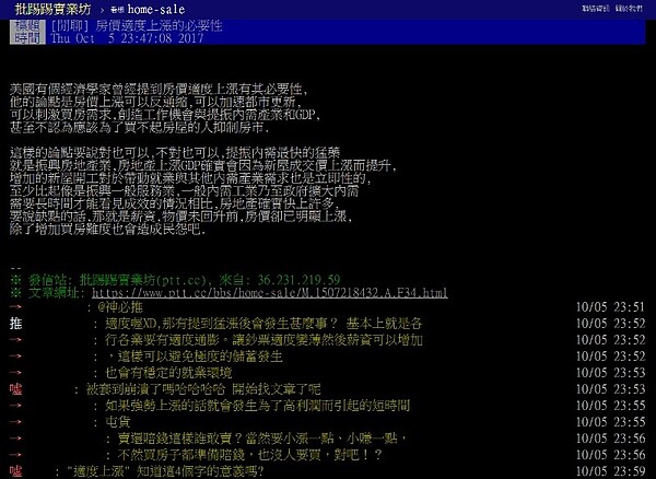 有網友以經濟學家的理論角度，認為房價有適度上漲的必要性（圖／翻攝自PTT）