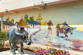 彩繪牆壁上的水牛與實體的水牛雕像相呼應。水牛耕犁的樣貌提醒著大家，盤中飧粒粒皆辛苦。