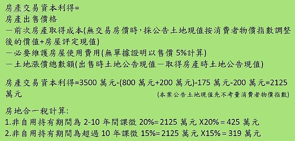 房地合一稅案例試算表。