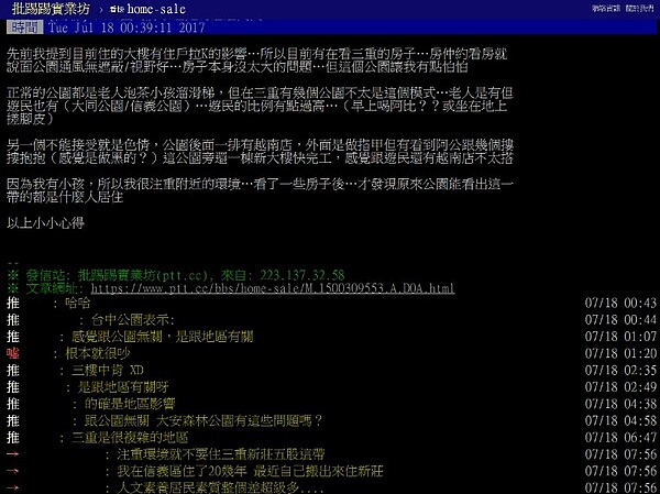 網友表示,家住公園第一排,實際入住後,缺點未必比優點少(圖/翻攝自PTT)