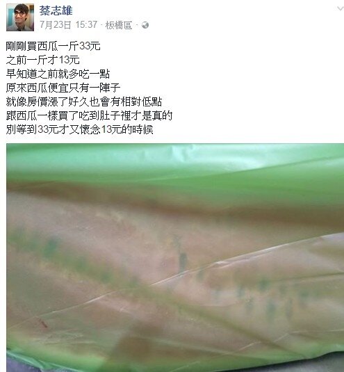 蔡志雄臉書po文 ，買西瓜跟買房子一樣「吃到肚子裡才是真的」(蔡志雄臉書)