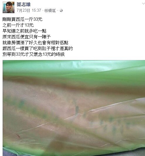 蔡志雄臉書po文 ,買西瓜跟買房子一樣「吃到肚子裡才是真的」(蔡志雄臉書)