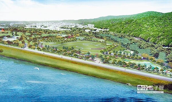 但水利局三鶯水資源回收中心完工示意圖,卻是一整片的綠草如茵。(陳俊雄翻攝)