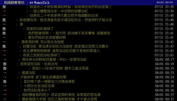 網友認為，比起泡澡，浴缸作為置物和儲水的附加加值，才是存在的意義（圖/翻攝自PTT）