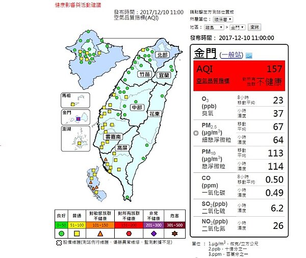 12月10日空氣品質(圖/翻攝自行政院環保署)
