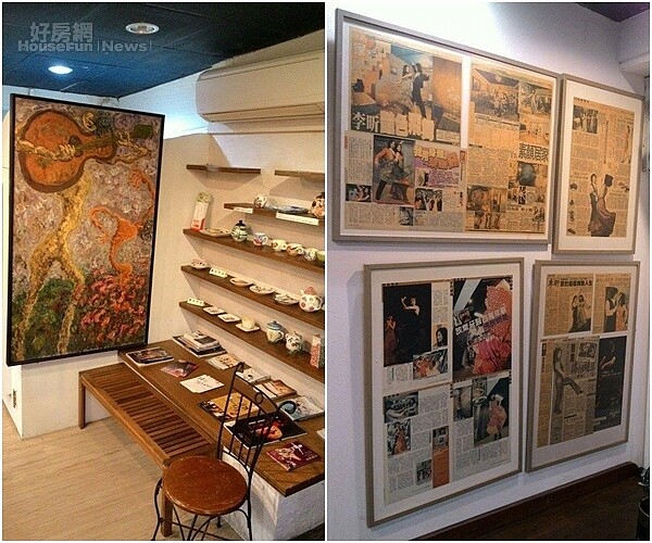 6. 李昕的油畫和學生們的釉彩燒作品展示。
7. 牆上有佛朗明哥表演者照片與舞團報導。