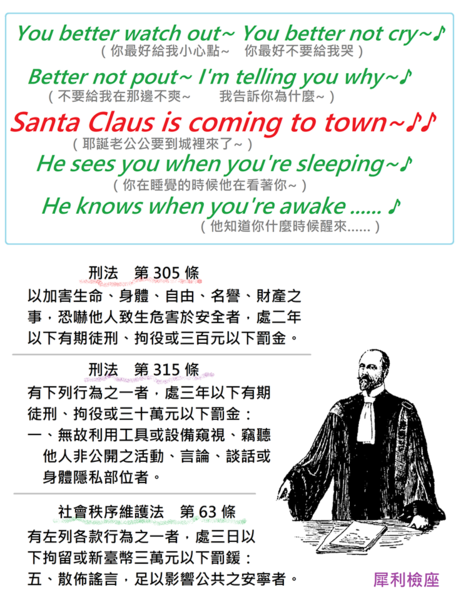 耶誕歌曲中的情節，耶誕老人也已觸犯多項台灣法律。（圖／《犀利檢座》）